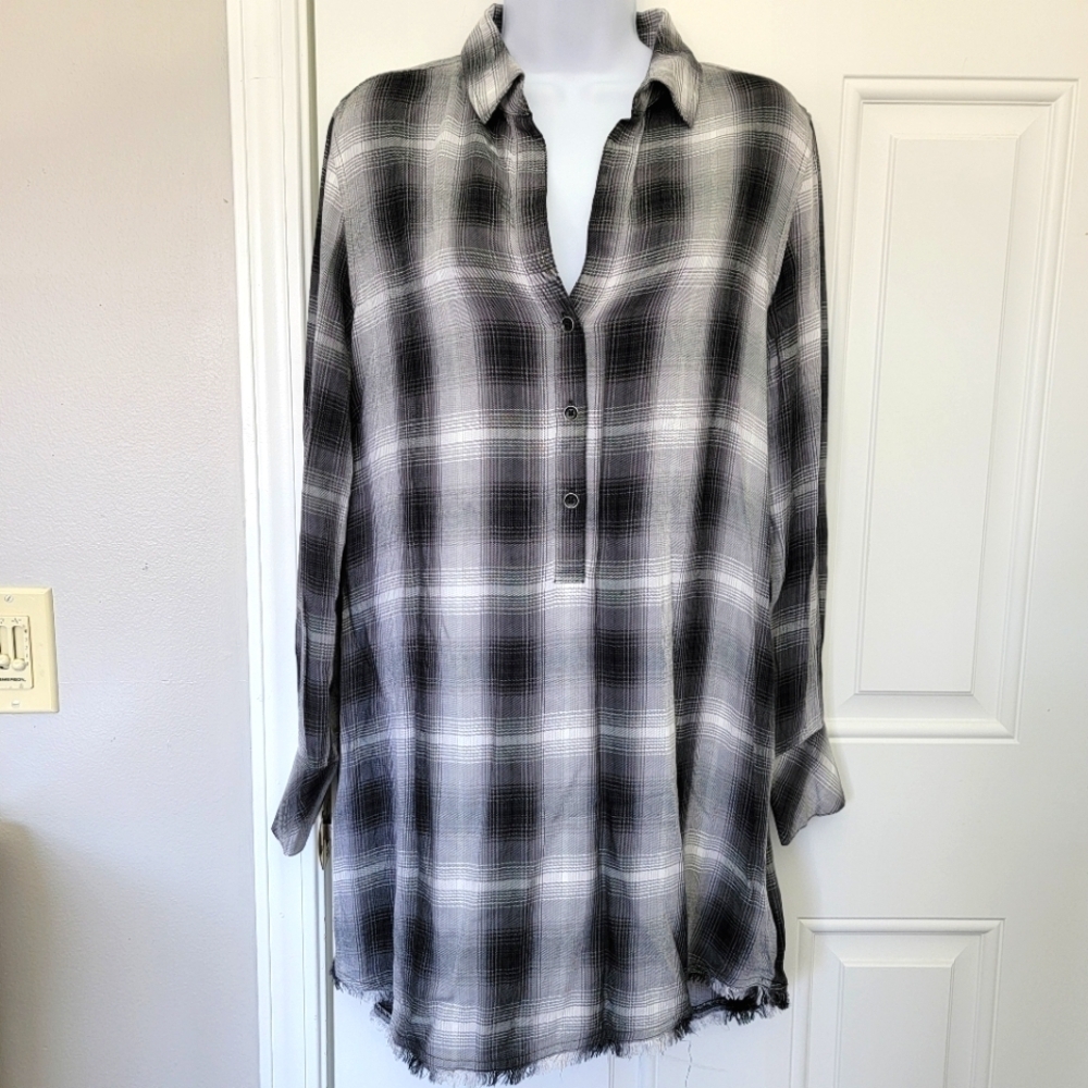 Cloth And Stone Anthropologie Gray Plaid Fringed Hem Dress Size Small